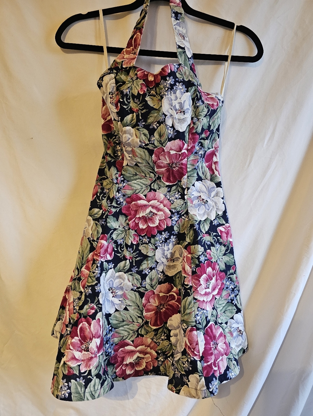 Vintage Floral Halter A-Line Dress - Pink & White Flowers Size 12